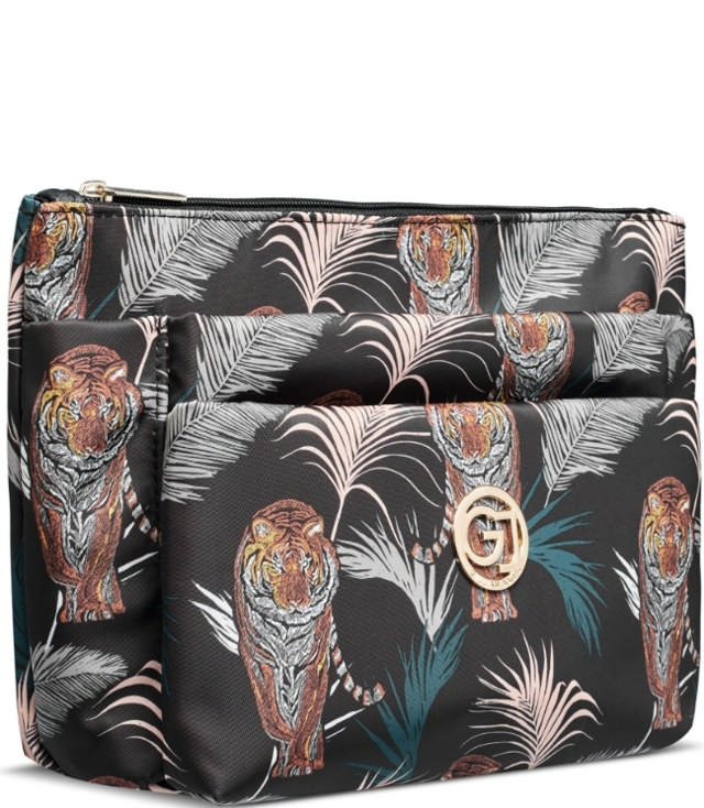 Gillian Jones 3-Rums Kosmetiktaske - Sort Tigre og Palme Print